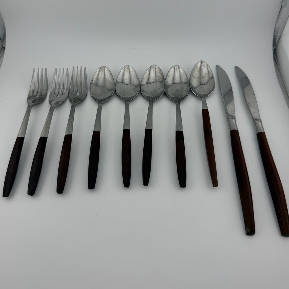 Interpur Japan Flatware Set 10pc MCM Stainless Wood Handle Forks Spoons Knives